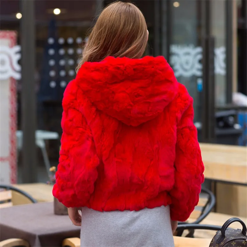 Women's Hooded Real Rabbit Fur Coat Natural Rex Rabbit Fur O-Neck Warm Jackets Fashion Rabbit Full Pelt Genuine Fur Outerwears