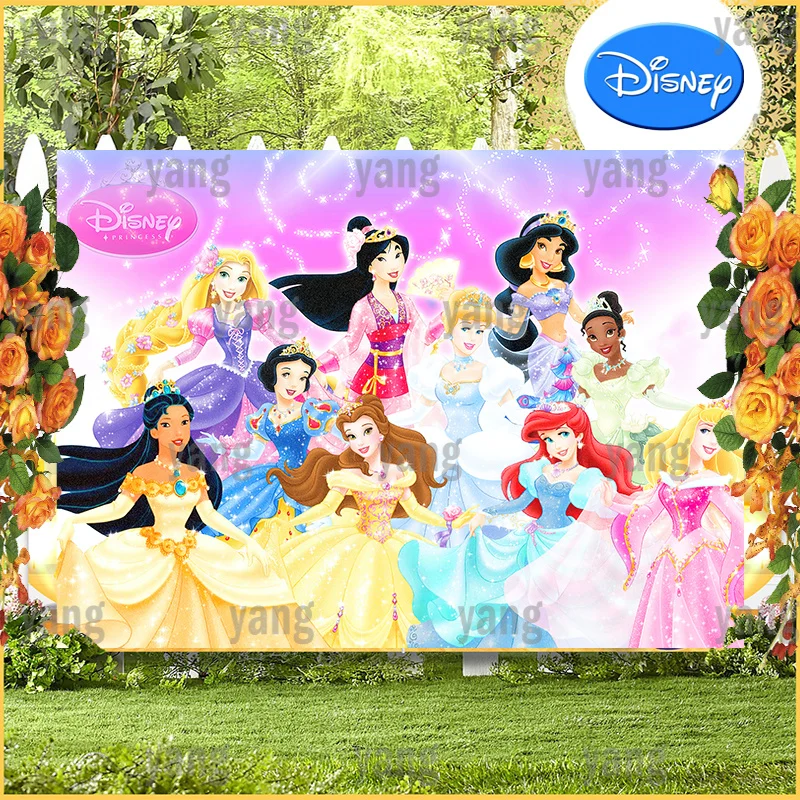 Disney Backdrop Princes Cinderella Snow White Beauty and the Beast Aladdin Happy Birthday Background Girls Baby Shower Party