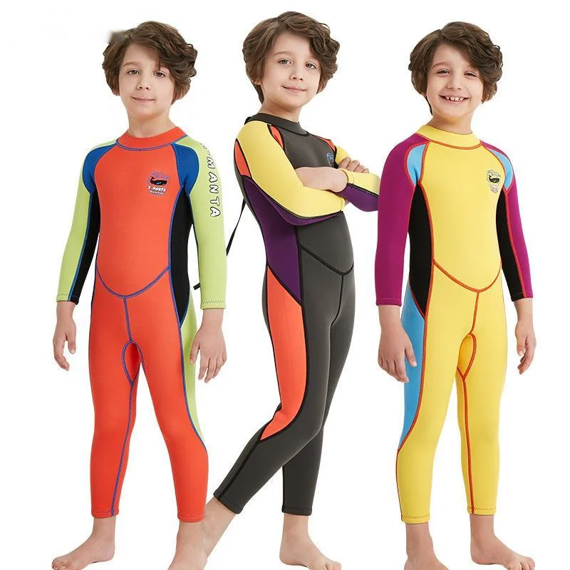 

2.5MM Neoprene Kid's Wetsuit Boy One-Piece Long Sleeve Warm Sunscreen Zipper Girl Swimsuit Snorkeling Beach Surfing
