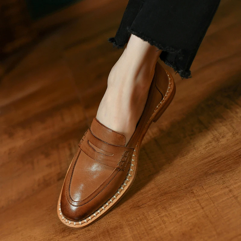 Women‘s Flats Cowhide Flat Shoes Vintage Casual Loafers Spring  Autumn Slip On Women Simple Shoes Round Toe Daily Quality Flats