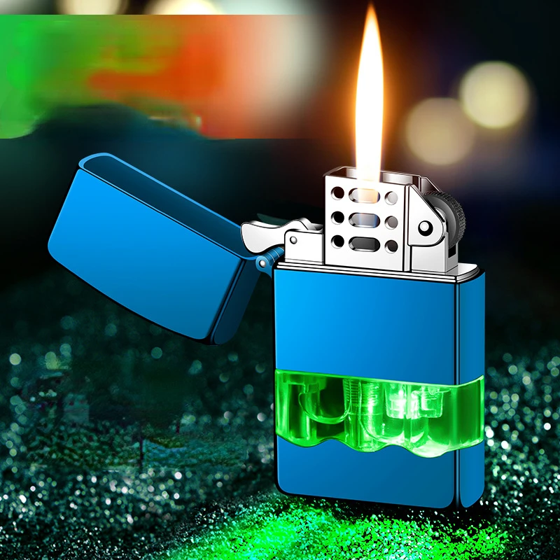 

New Metal Grinding Wheel Open Flame Lighter Green Light Perspective Gas Window with LED Flashing Light Butane Inflatable Lighter