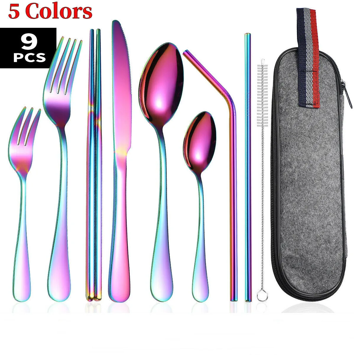 9PCS/Set Tableware Cutlery Set Knive Fork Spoon Chopstick straws Portable Stainless Steel Flatware Set Fork Spoon Travel Camping