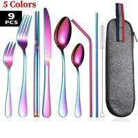 9pcsset portable stainless steel flatware with bag outdoor travel camping dinnerware knife fork spoon cutlery dropship set