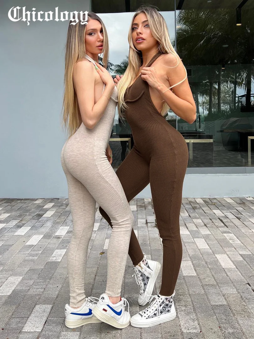 

Chicology 2022 Women Jumpsuit Solid Skinny Backless Halter O Neck Kintted Screw Thread Soft Streetwear Sexy Fashion Outfit