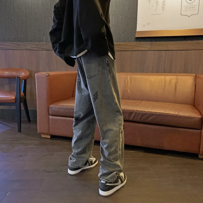 DEEPTOWN Embroidered Loose Jeans Men Straight Casual Denim Pants Gray Trousers Male Streetwear Vintage Hip Hop Korean Fashion