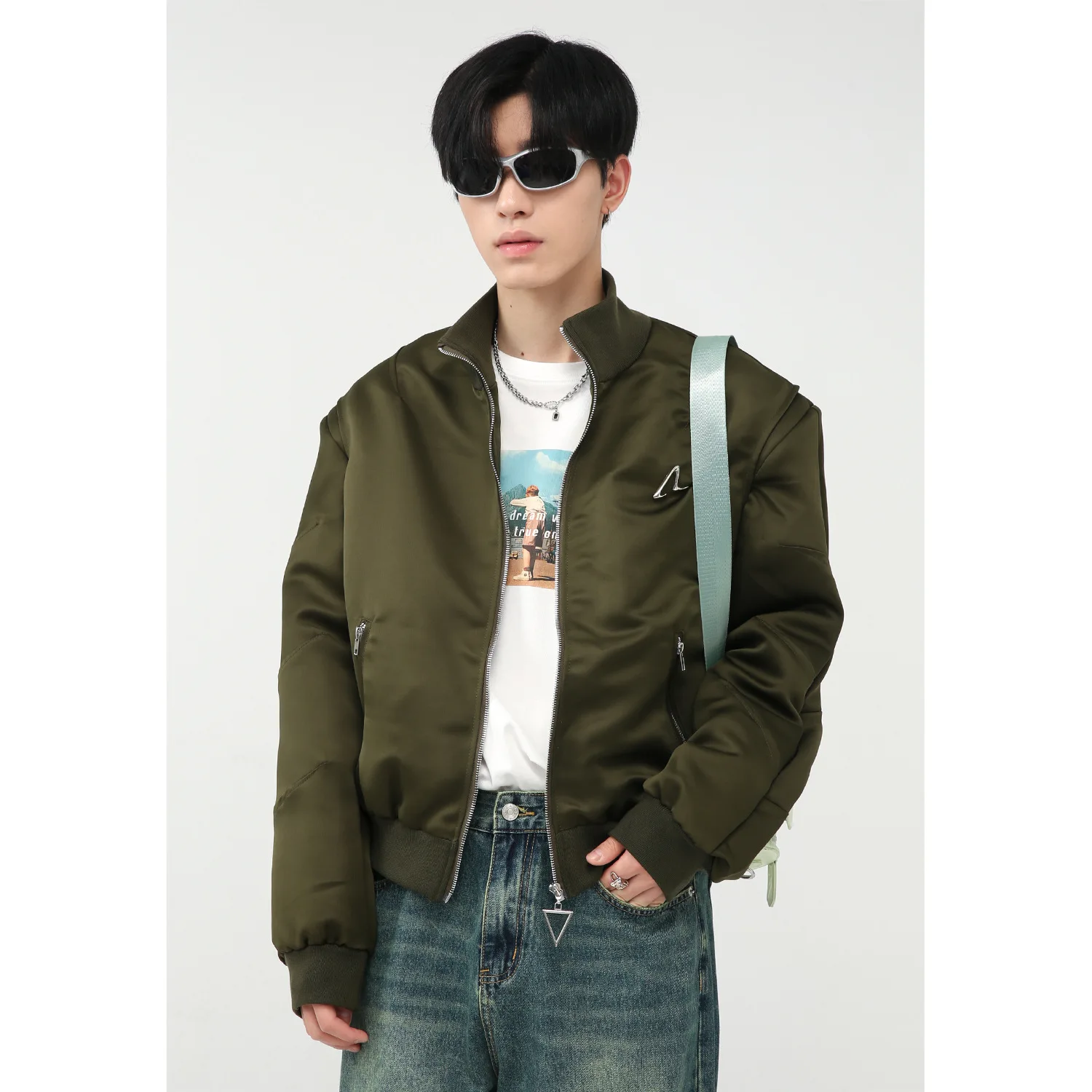 

ZCSMLL 2022 Autumn New Products Korean Style Personalized Metal Decorative Solid Color Green Shoulder Pad Jacket Men's