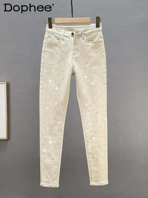 

Letter Rhinestone Jeans Women's Winter Jeans Thick Velvet Warm High Waist Slimming Apricot Denim Pencil Pants Solid Color Pant