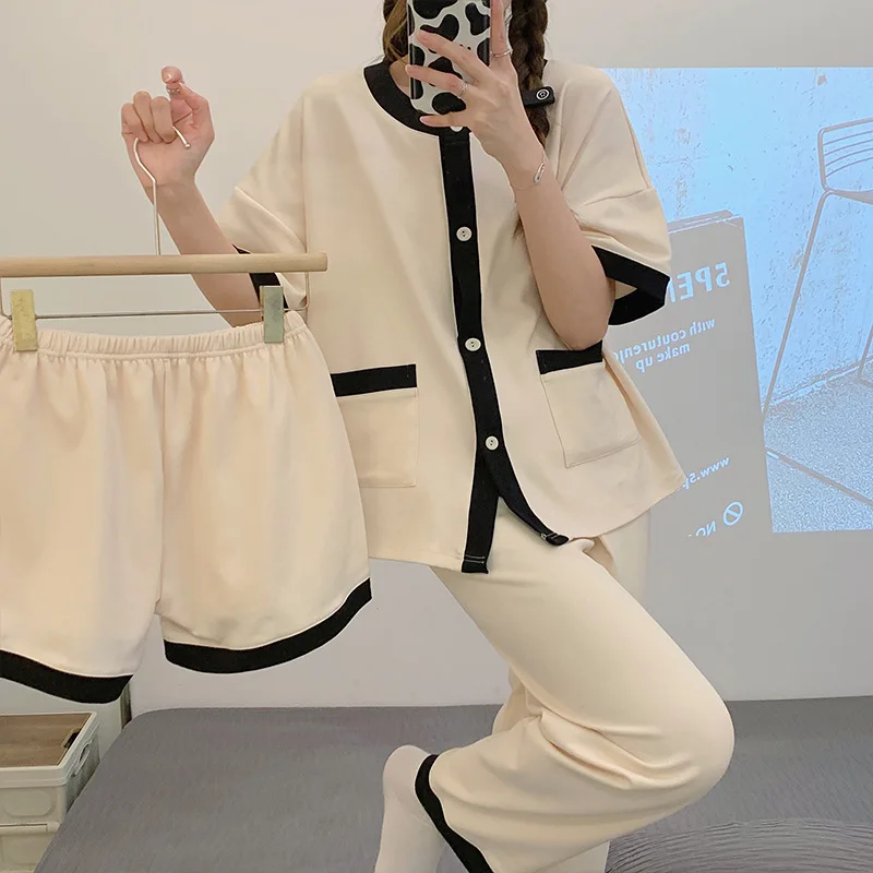 Yasuk Spring Autumn Summer Women's Casual Soft Cotton Sleepwear Pajamas Set With Long Short Pants Splicing Simple Sweet Girl 3Pc