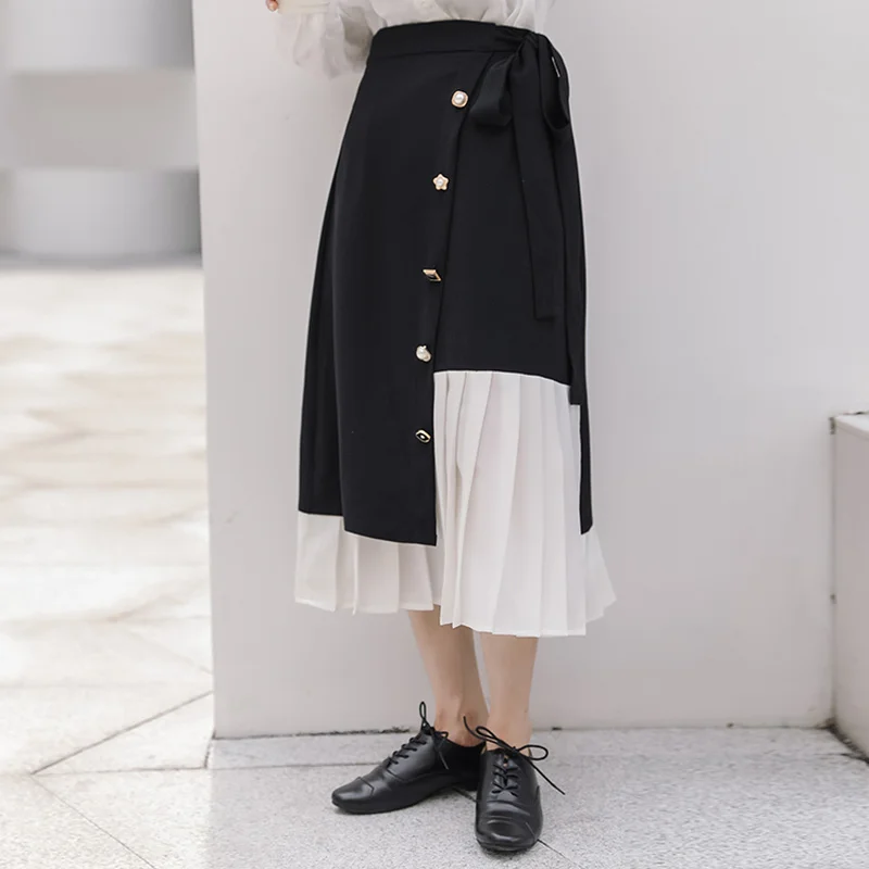 

Real Shot 2022 New Korean Version Design Sense Chiffon Stitching Fashion Black Retro Skirt High Waist A-line Skirt Women