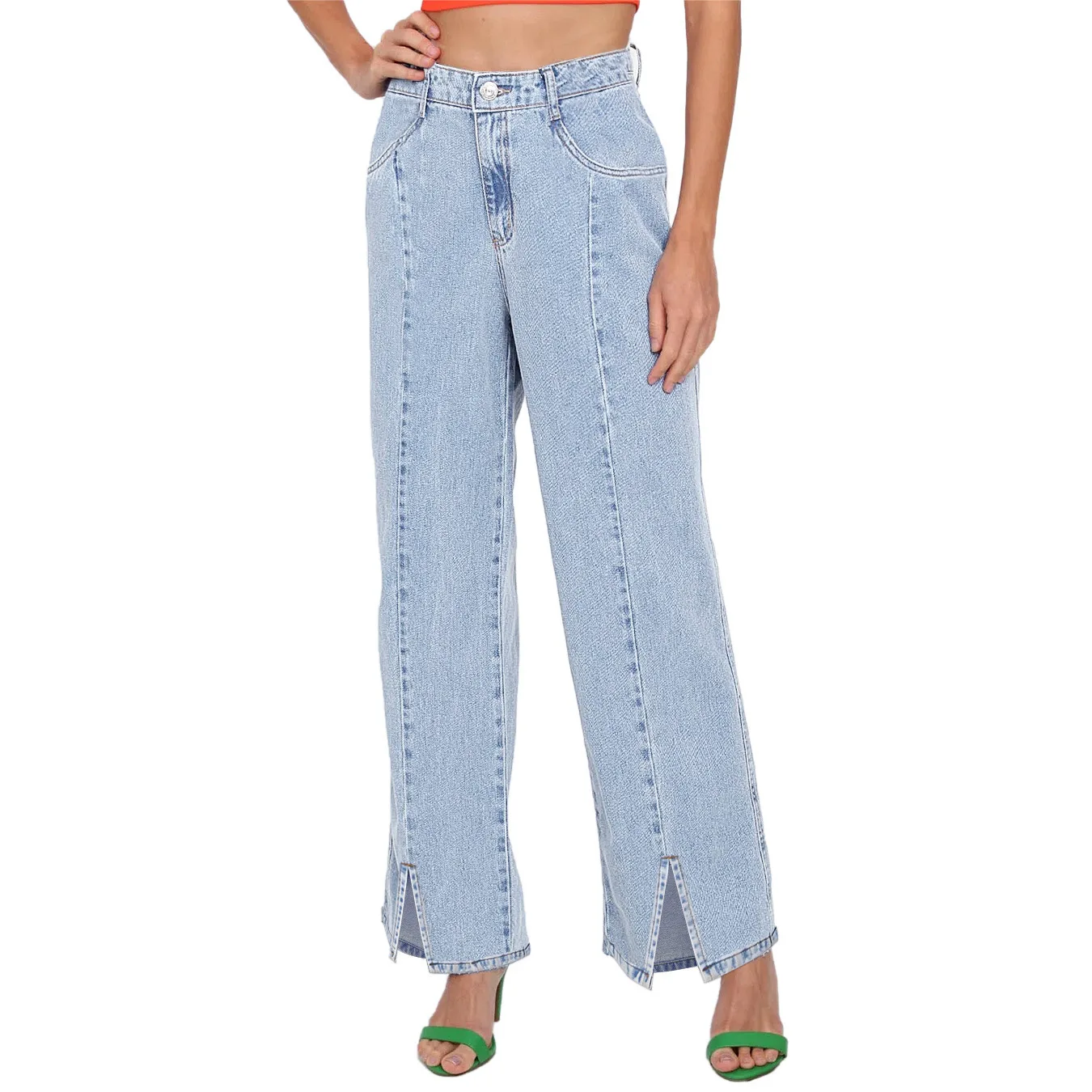 

New Womens High Waist Distressed Split Denim Jeans Long Pants With Pockets Blue