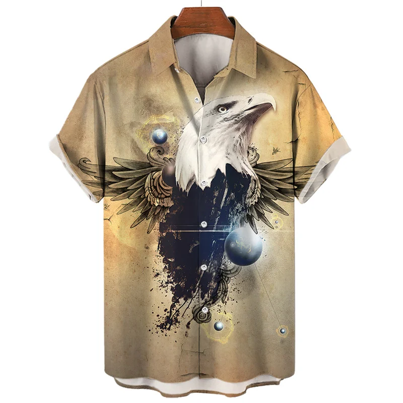 3D printed summer men's short sleeved Hawaiian style shirt with lapel single breasted loose fitting fashion casual eagle pattern
