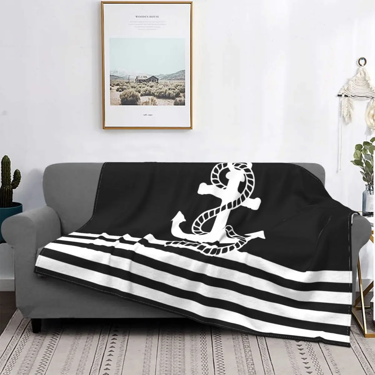 Nautical Black White Stripes And Black White Anchor Blankets Fleece Winter Lightweight Throw Blanket for Bed Car Bedspreads
