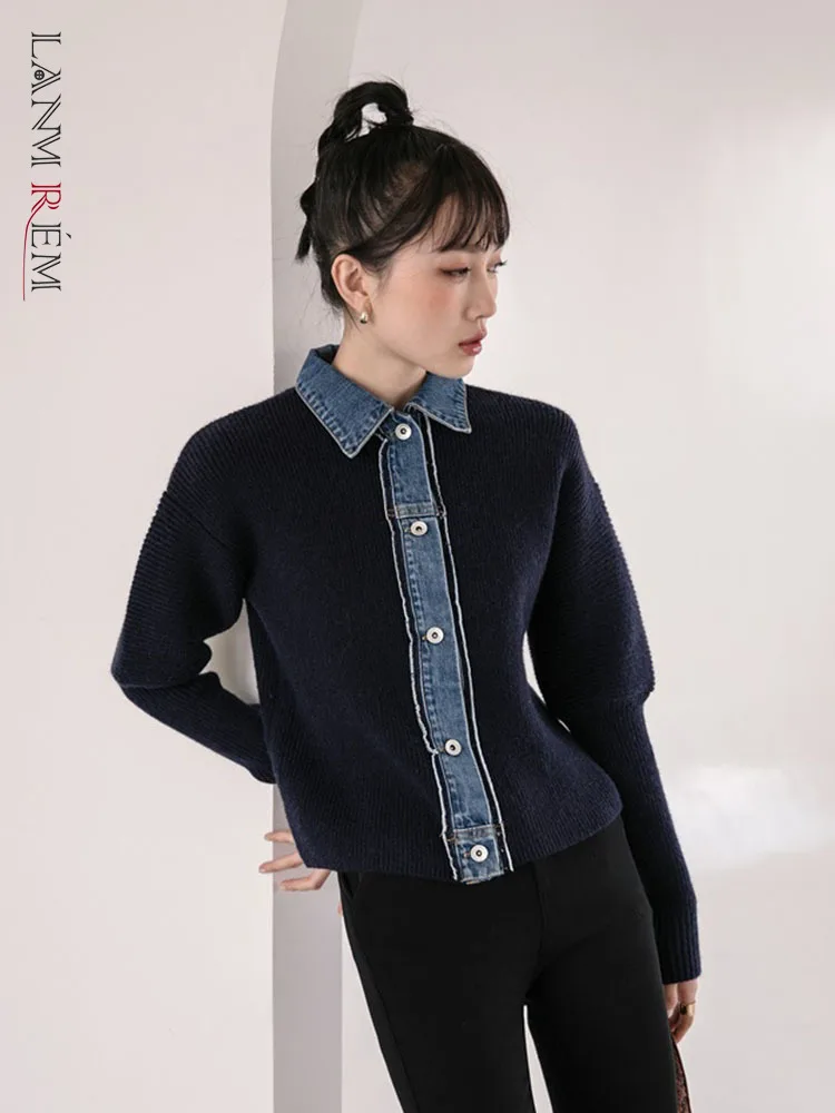 LANMREM 2022 Новый женский весенний свитер пальто отложной воротник длинный рукав