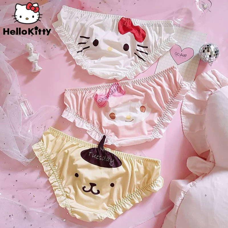 2 Pcs Kawaii Y2k Sanrio Hello Kitty Melody Pompom Purin Print Underwear Women Panties Girl Cute Brief Lace Panty Cueca Intimates