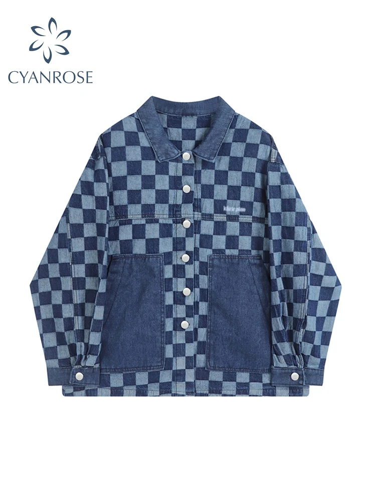 

Женская ВИНТАЖНАЯ ДЖИНСОВАЯ КУРТКА в клетку, куртка оверсайз в стиле бойфренд, повседневная однобортная куртка в стиле хип-хоп унисекс, жен...