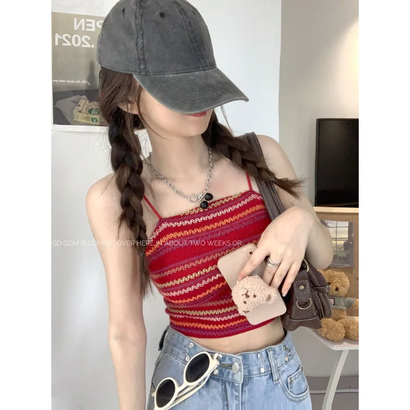 

Women Small Group Color Stripe Suspender Shirt Slim Fit High Street Short Sexy Sling Vest Female Bottoming Tanks Tops