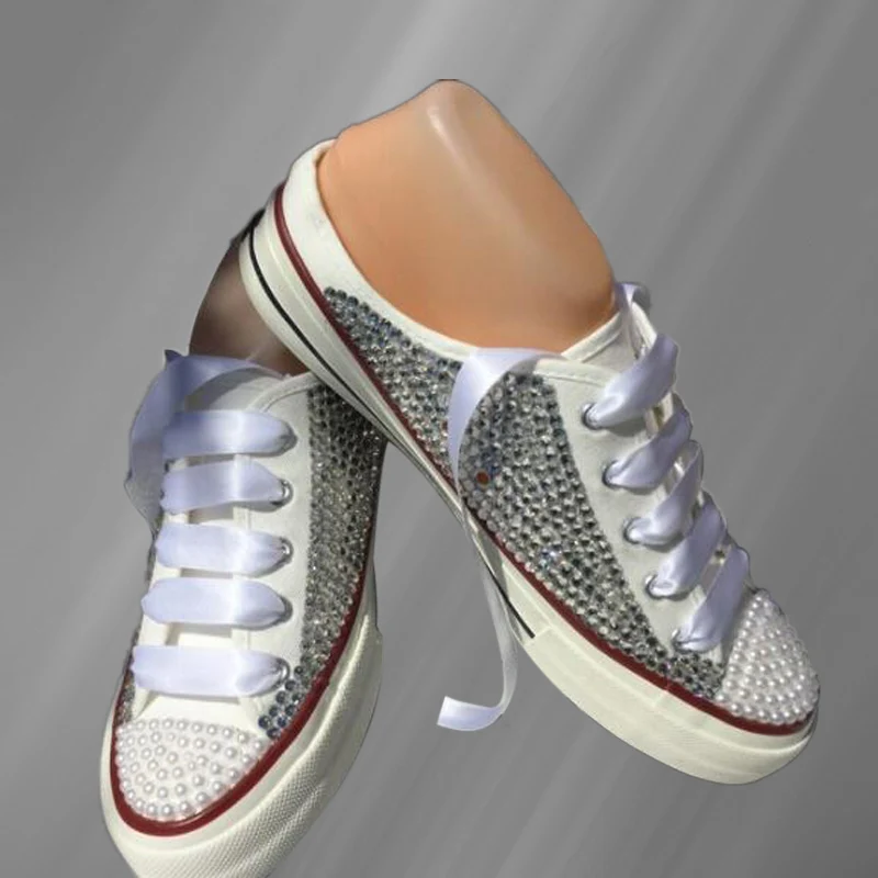 

Белая обувь с низким верхом и жемчугом, аксессуары ручной работы, холщовая обувь на заказ, интегрированная Спортивная повседневная обувь унисекс 35-46