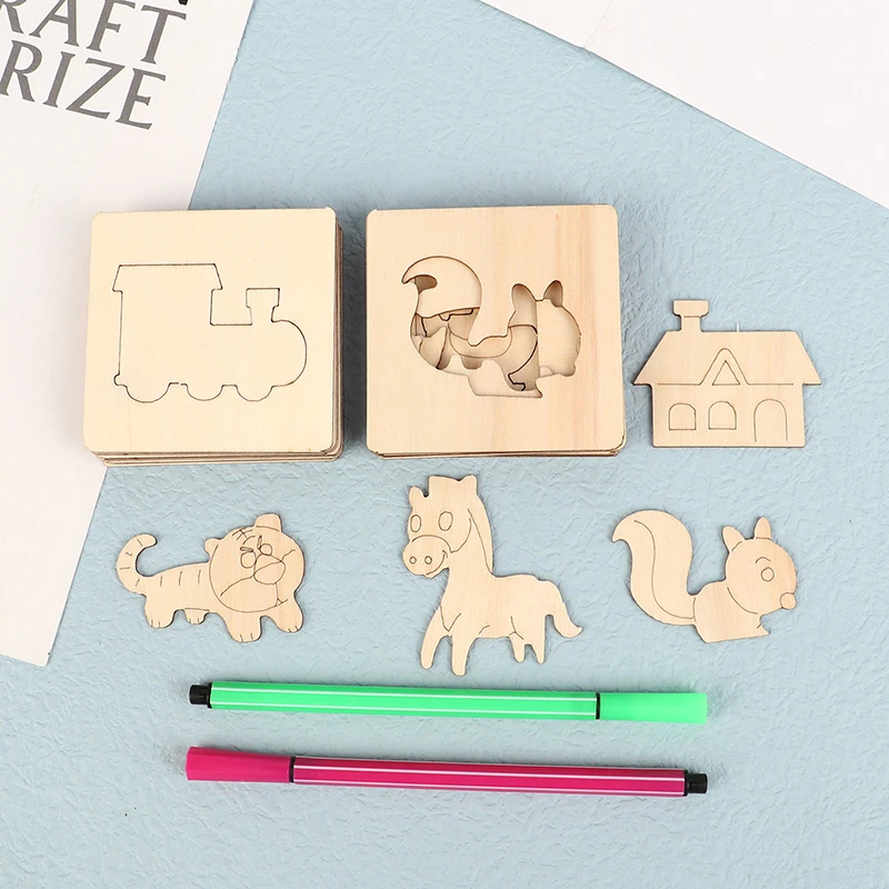 

Kids Wooden Drawing Stencils Kit DIY Decor Reusable Educational Toys Puzzle Arts Crafts