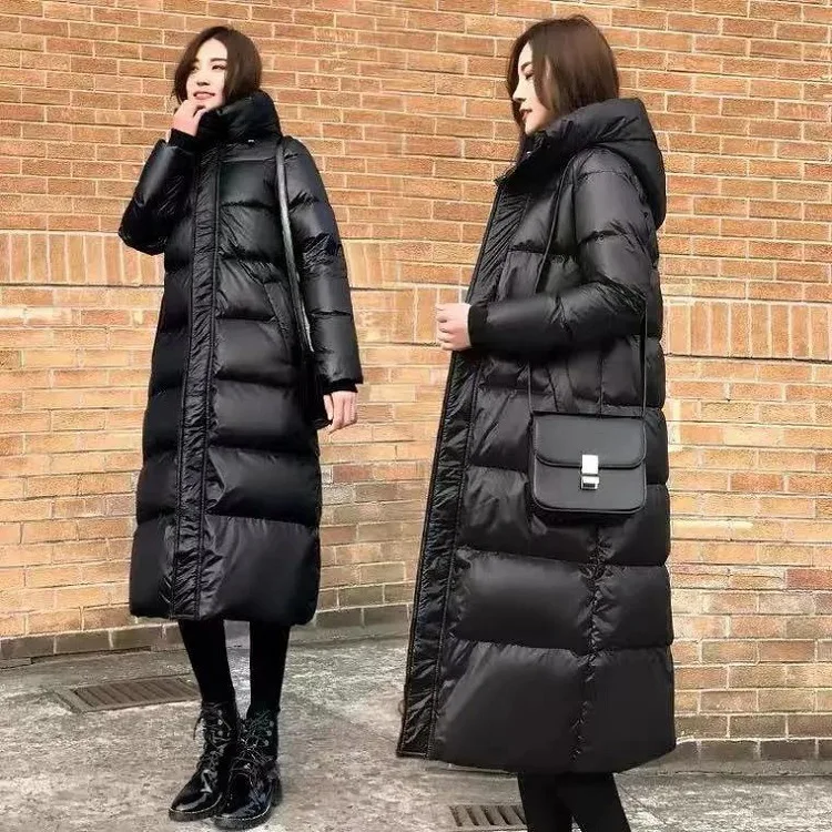 Winter Pregnant Womens Black Down Cotton Jacket, Long, Knee Length, Shiny Korean Loose Cotton Jacket