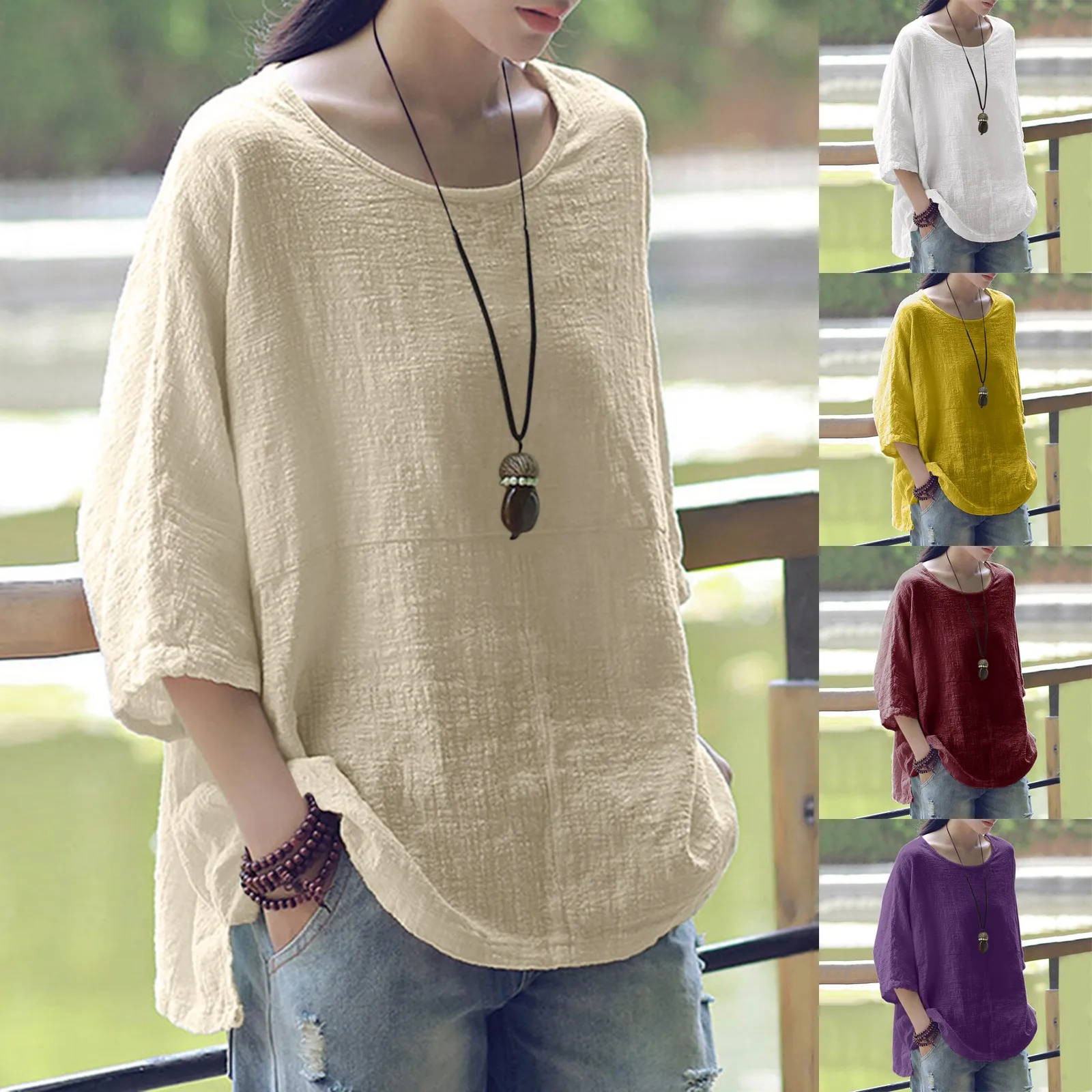 

Oversized Fashion Cotton Blend Blouse Shirt Loose O-Neck Tops Tee Casual Summer Ladies Female Women 3/4 Sleeve Blusas Pullover