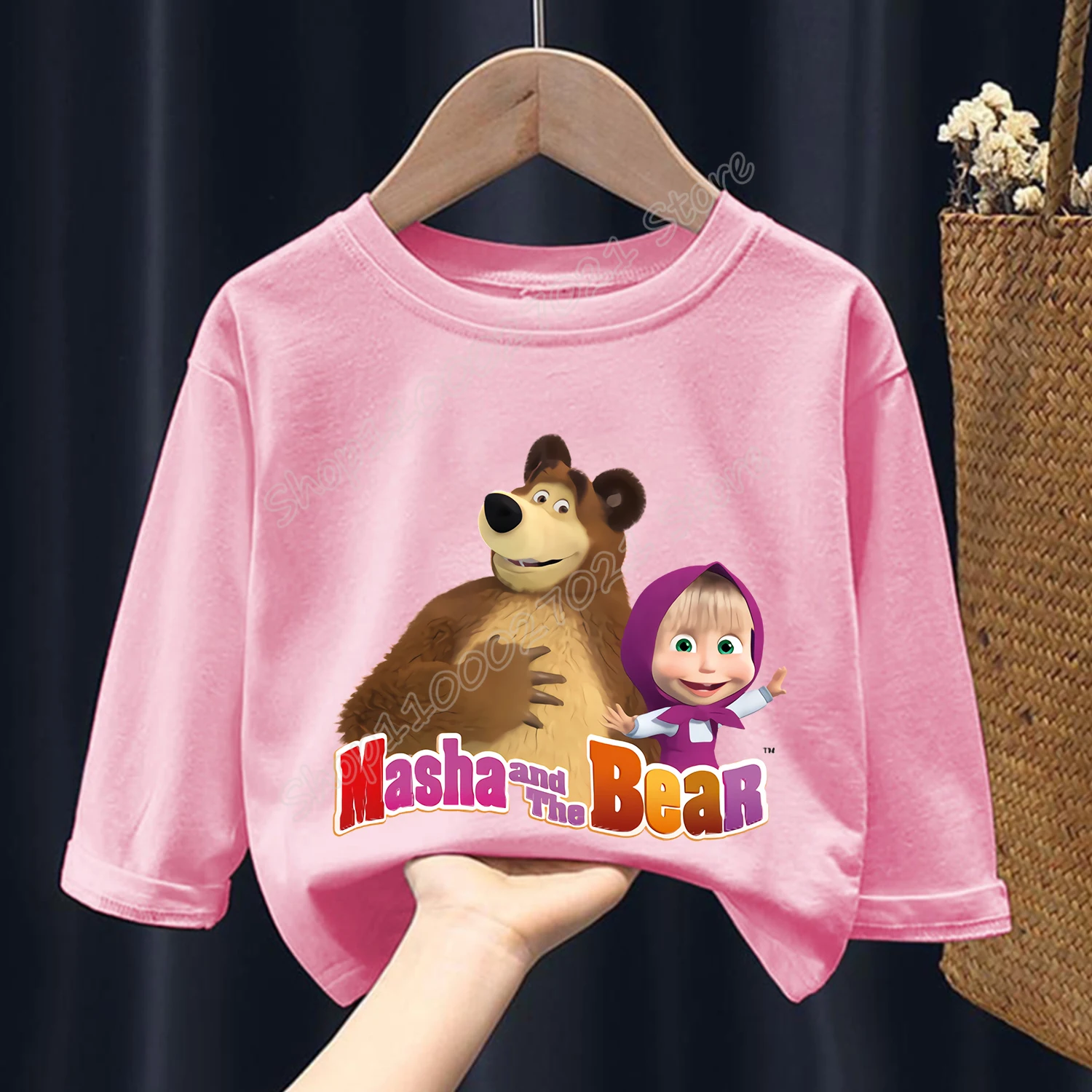 Mashas and The Bear Long Sleeve for Children Cartoon Clothing Girl Pink Casual Fashion Clothes Kid Round Neck Blouse Caftan Gift