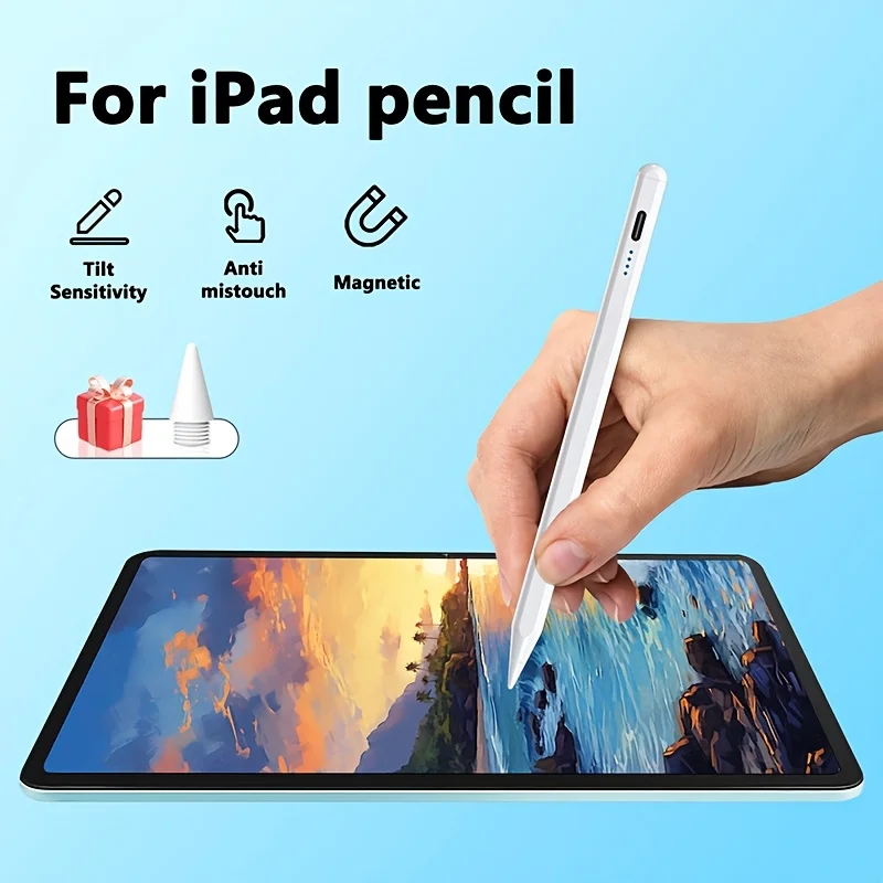 Фото Сенсорный стилус для iPad 7, 8, 9, 10, 11 поколений A16 с функцией распознавания наклона и защитой от прикосновений ладони, магнитный стилус для iPad 2018-2026 M3 M2 Pro 11 №1