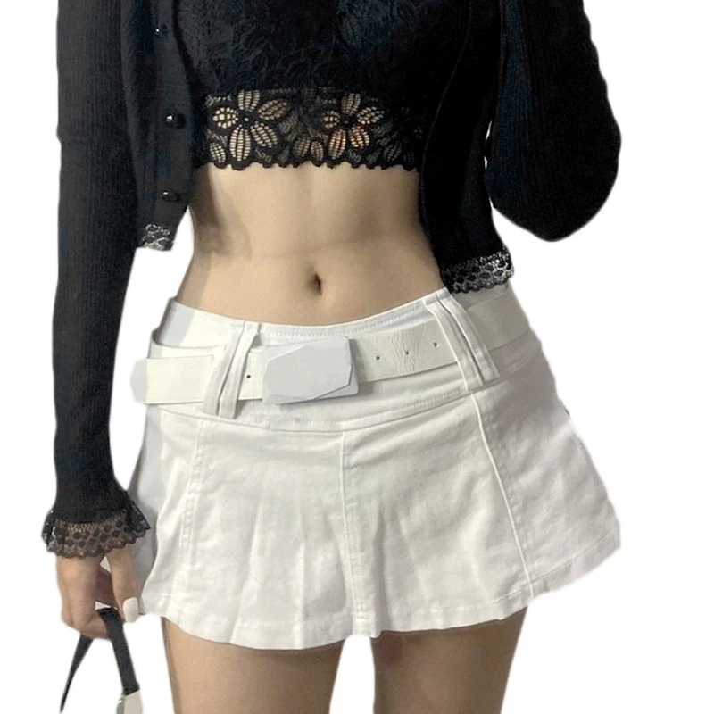 

J78E Women Sexy Low Waist Pleated Solid Color A-Line Micro Denim Skirt with Pockets