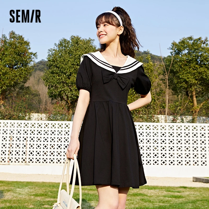 

Semir Dress Women Navy Collar Bow College Style 2022 Summer New Cotton Contrast Color Dresses Gentle And Sweet