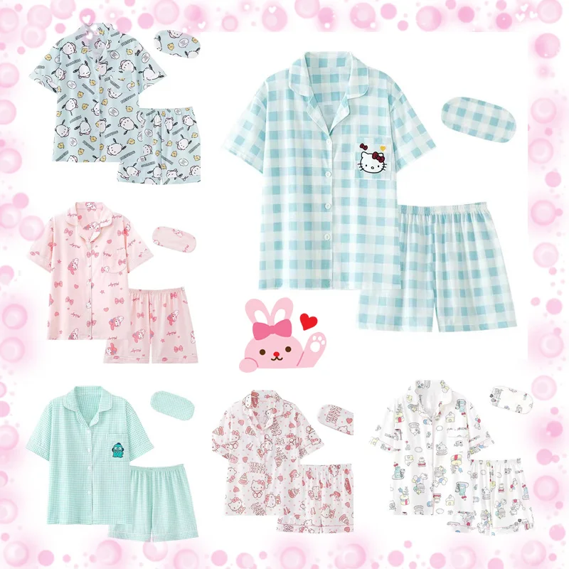 

Kawaii Sanrio Cartoon Hello Kitty 2 Piece Girls Pajamas Set Summer New Pure Cotton Comfortable Breathable Short Sleeve Homewear