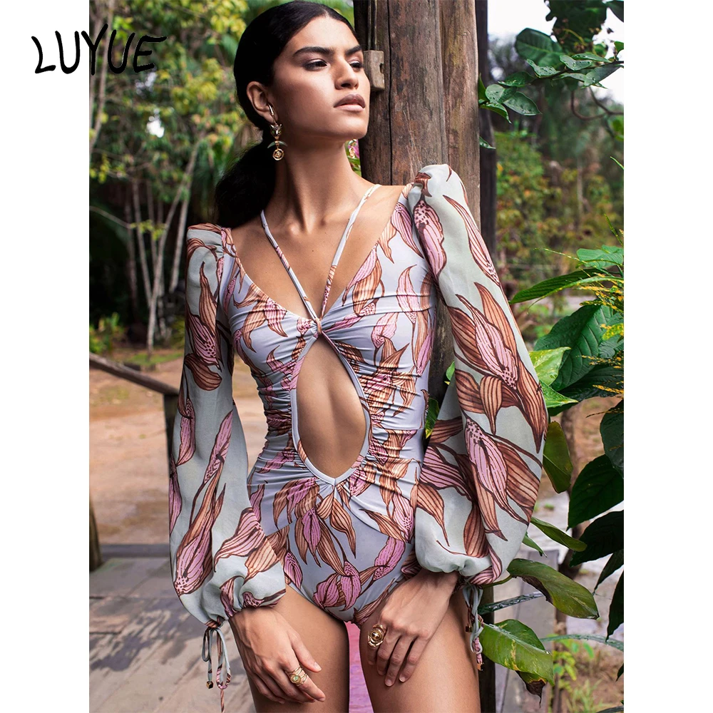 

Новые купальные костюмы бикини с градиентным принтом для женщин, лето 2023, Цельный купальник с глубоким V-образным вырезом, модный сексуальный пляжный купальник с длинным рукавом