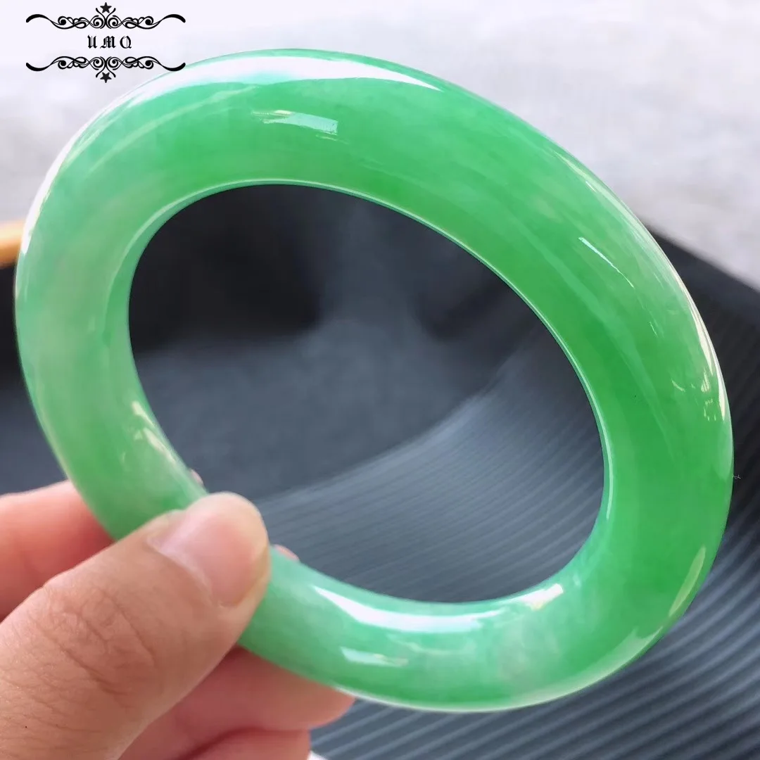 

Myanmar Laokeng Imperial Green Jade Ice Waxy Full Green Round Bar Bracelet Gift for Men and Women