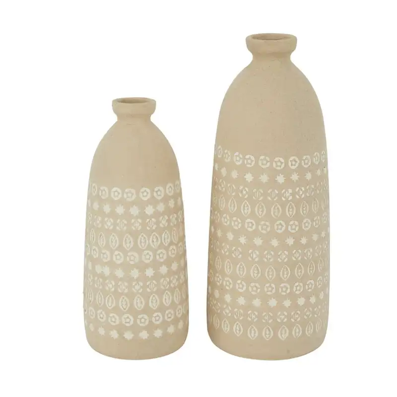 

15", 12"H Handmade Beige Ceramic Vase with Star Patterns, Set of 2