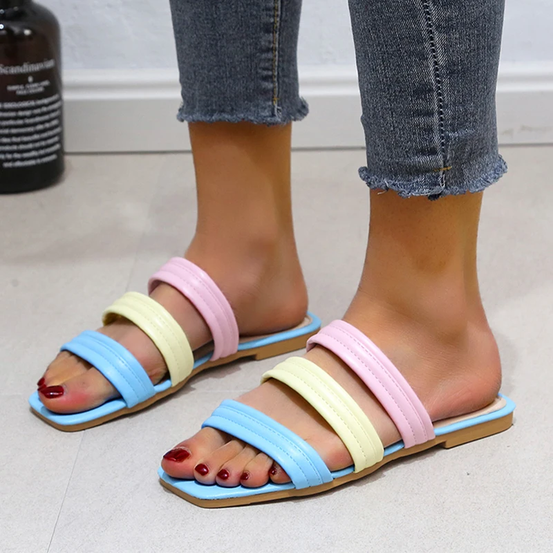 

2023 New Fashion Summer Flats Slippers Women Sandals Beach Shoes Ladies Slingback Slides Casual Ladies Square Toe Flip-flops