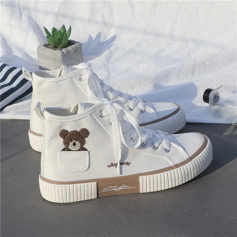 

2021 High-Top Canvas Shoes Women's White Casual All-Matching Flat Skateboard Shoes Student Korean Style Little Bear White Shoes