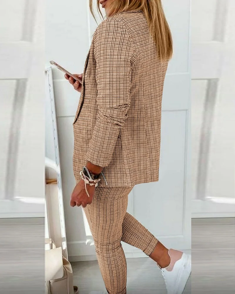 Casual Blazer Plaid Printing Suit Spring Summer New Lapel Single Button Jacket & Drawstring Pants Sets Women's Clothing 2 Piece