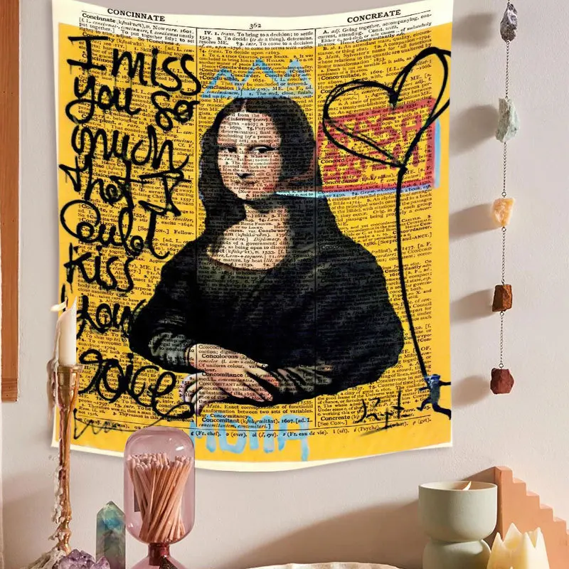 

Mona Lisa Graffiti Tapestry Wall Hanging Boho Style Psychedelic Witchcraft Hippie Tapestry Bedroom Art Home Decor Table Cover