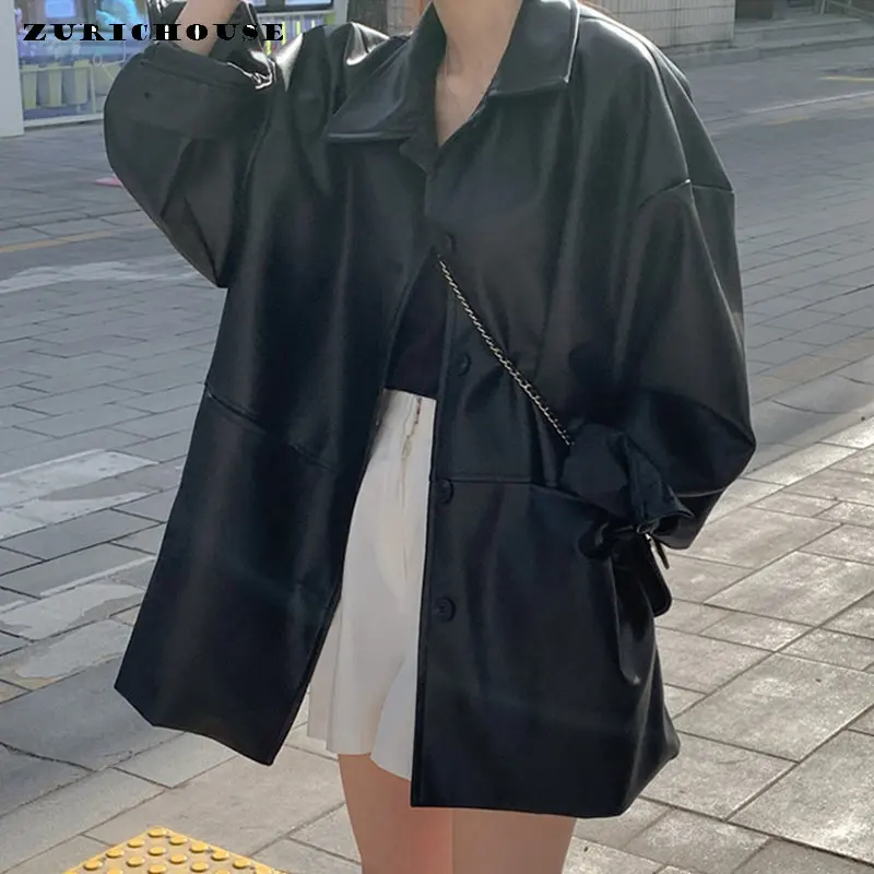 Black Faux Leather Shirt Jacket Women Spring Autumn 2023 New Fashion Single Breasted Casual Loose All-match Leather Coats jacken