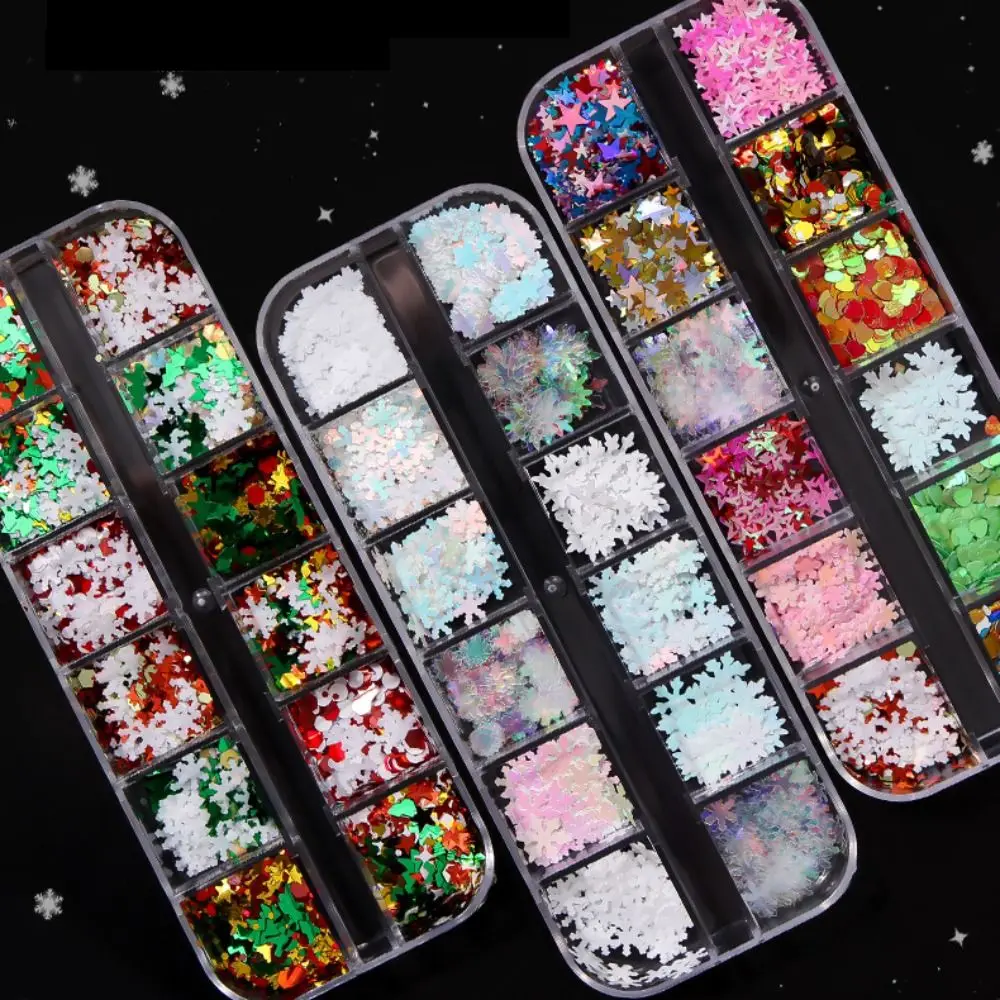 

12 Grids 3D Snowflake Xmas Tree Metal Slices Nail Art Sequins Christmas Decorations nail Thin Sticker Manicure Ornament