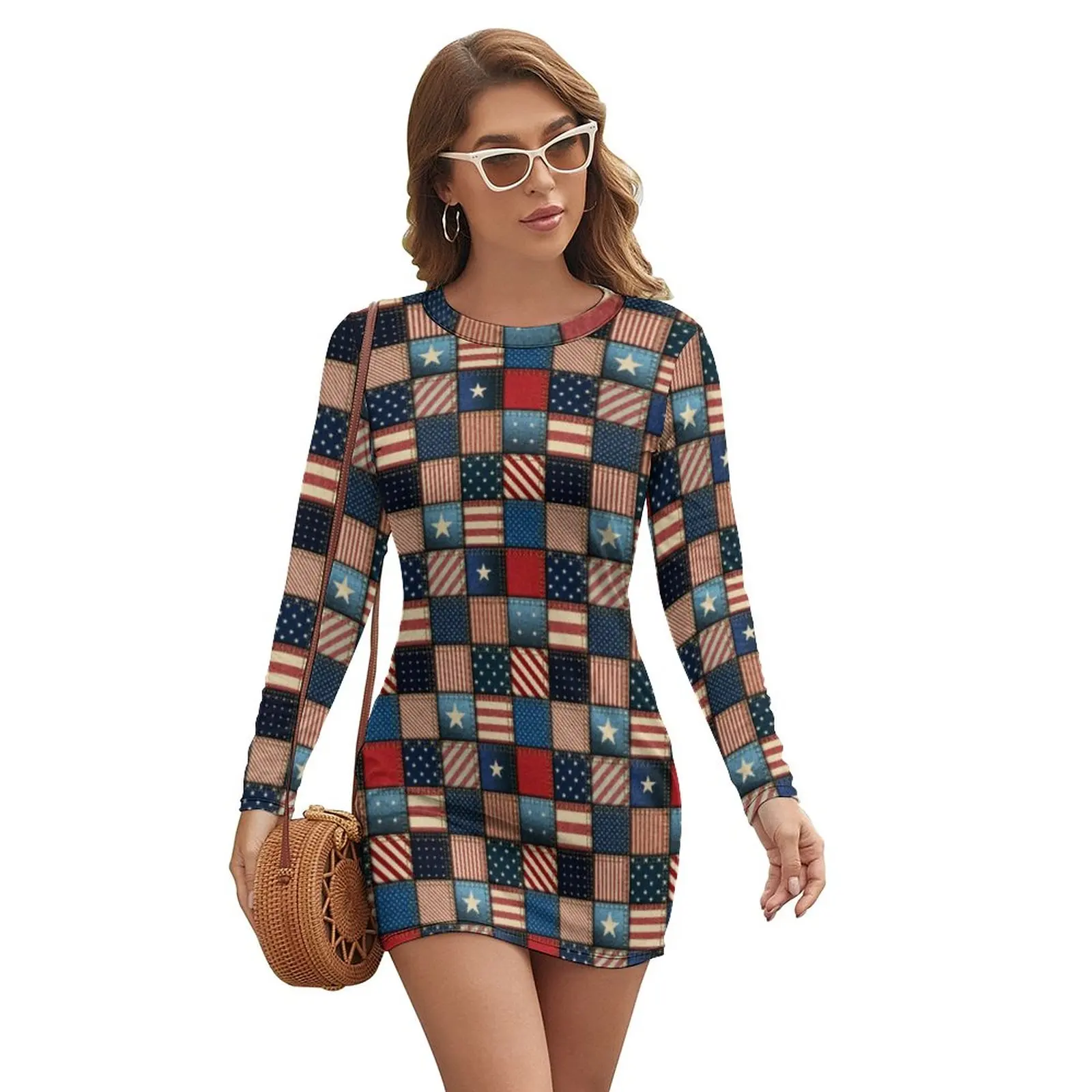 

Patriotic Patchwork Dress Long Sleeve American Flag Pop Vintage Dresses Holiday Lady Streetwear Print Bodycon Dress Big Size 2XL