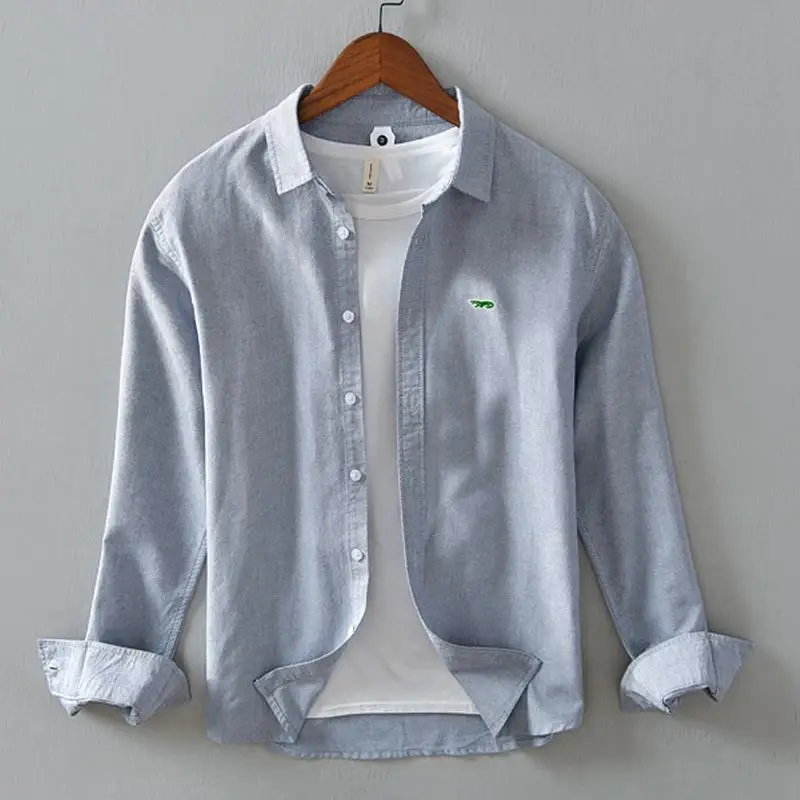 Spring Autumn Men's Shirt Embroidery-Logo Oxford Cotton Casual Long Sleeve Men Shirts Fit Slim Solid Blouse  Male Clothing Tops