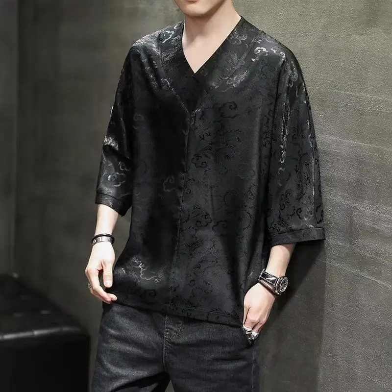 

Ethnic style men's dark flower ultra-thin ice silk t-shirt men's short sleeve small shirt large loose half sleeve summer clothes
