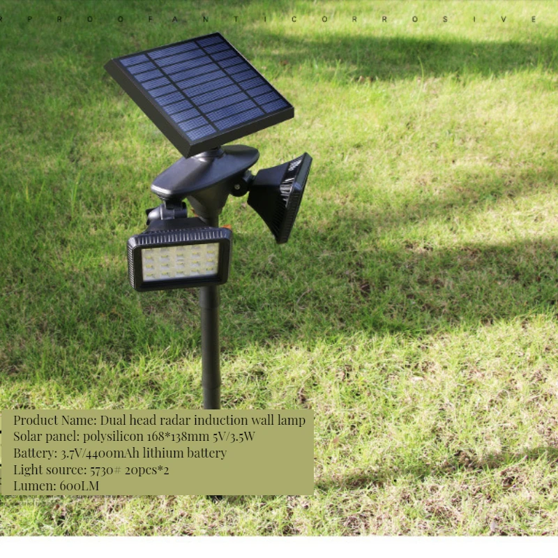 

2023 Solar Lamp Outdoor Garden Light Cast Light Led Waterproof Dual Head Radar Induction Lawn Light Remote Control Wall Lamp