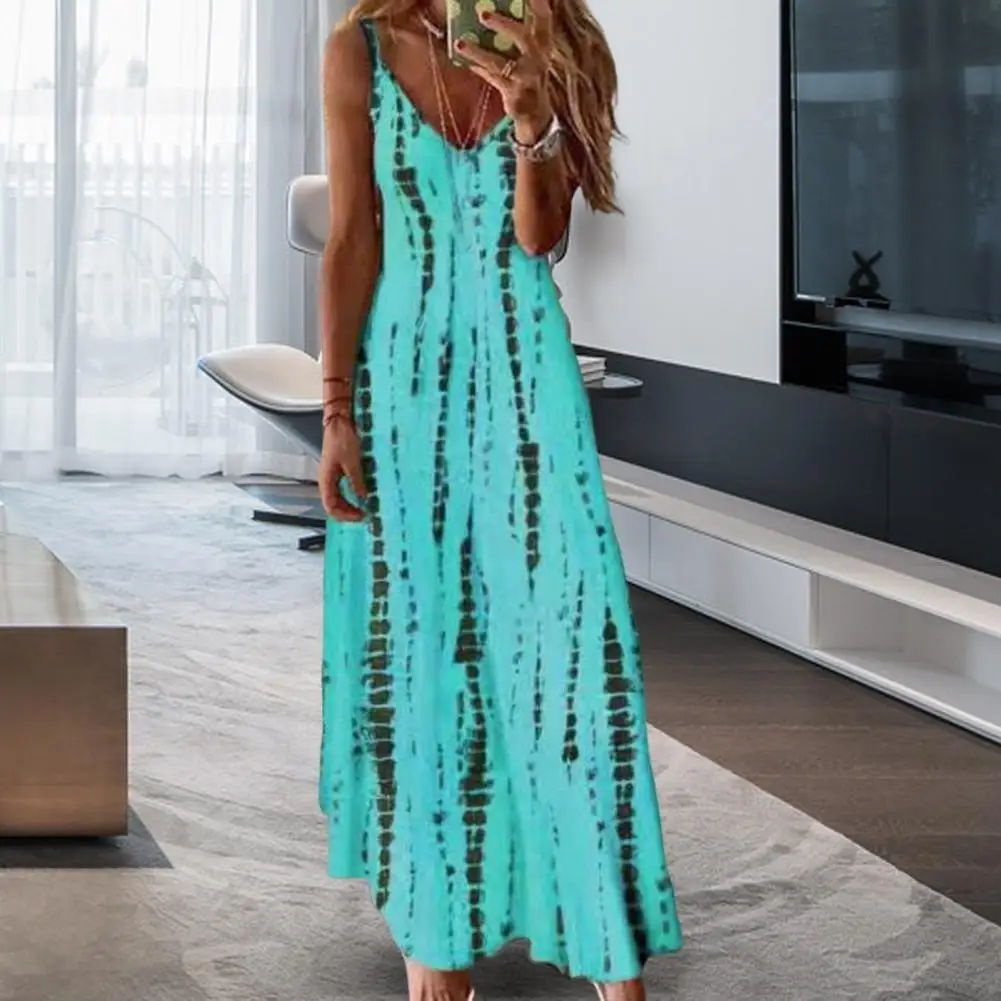 

Elegant Women Dress V Neck Loose Type Pullover Irregular Stripe Print Contrast Color Big Hem Maxi Dress Daily Female Clothes