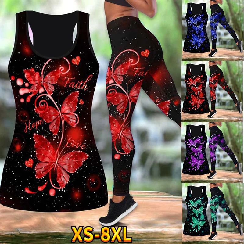 4 Styles 3D Butterfly Flower Print Yoga Suit Sports Combo Tank Tops Yoga Leggings Keep Slim Suit XS-8XL