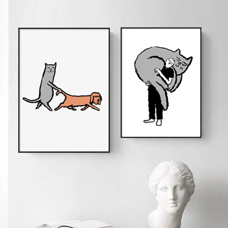 Современные комиксы кошка собака пара простые декоративные картины черно-белые