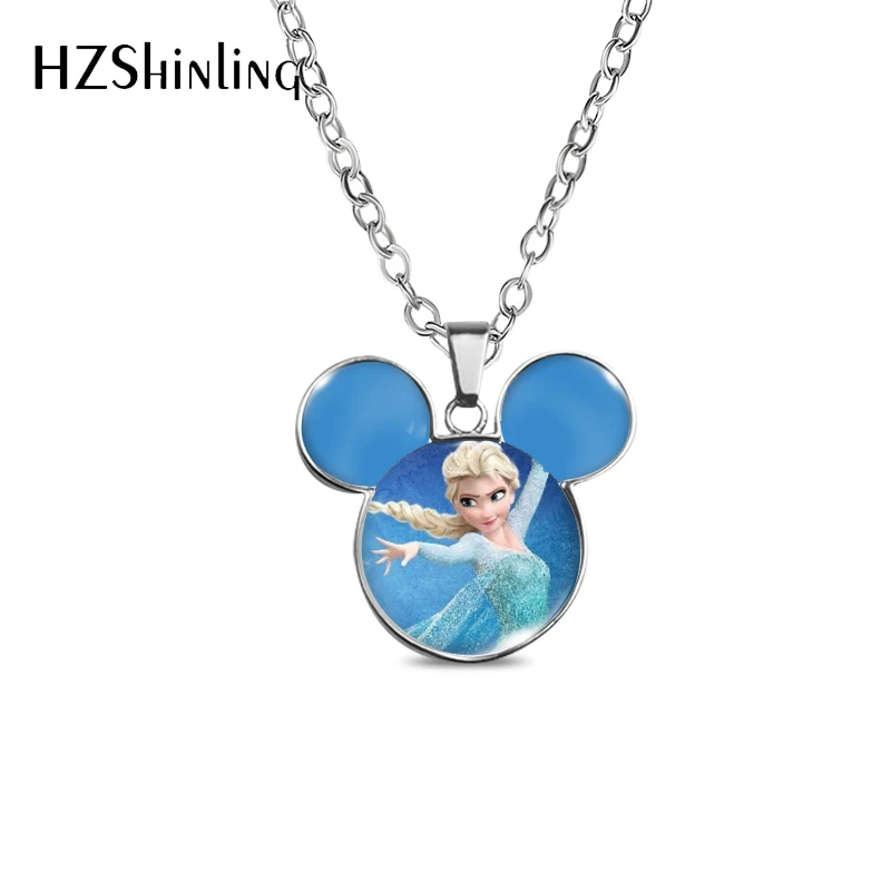 2022 New Arrival Frozen Snow Queen Elsa Anna Snowman Olaf Glass Dome Mickey Ears Pendant Necklaces Handcraft Jewelry