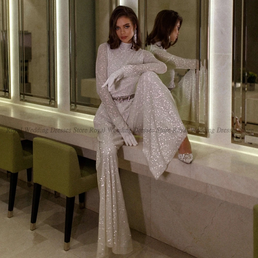 

High Quality Wedding Dresses Jumpsuit with Long Sleeves O Neck Pantsuit Floor Length Sparkly Wedding Gown for Women 2023 Bride