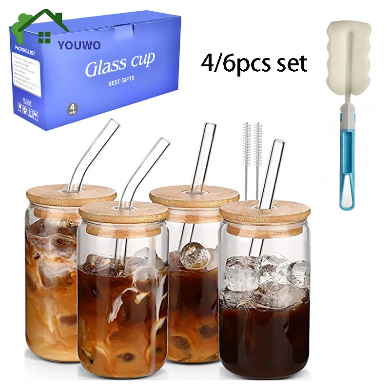 

4/6pcs Can Shaped Glass Cups Set With Bamboo Lids And Straws Tumbler Cup Cocktail Iced Coffee Tea Glasses Juice Mug 500ml
