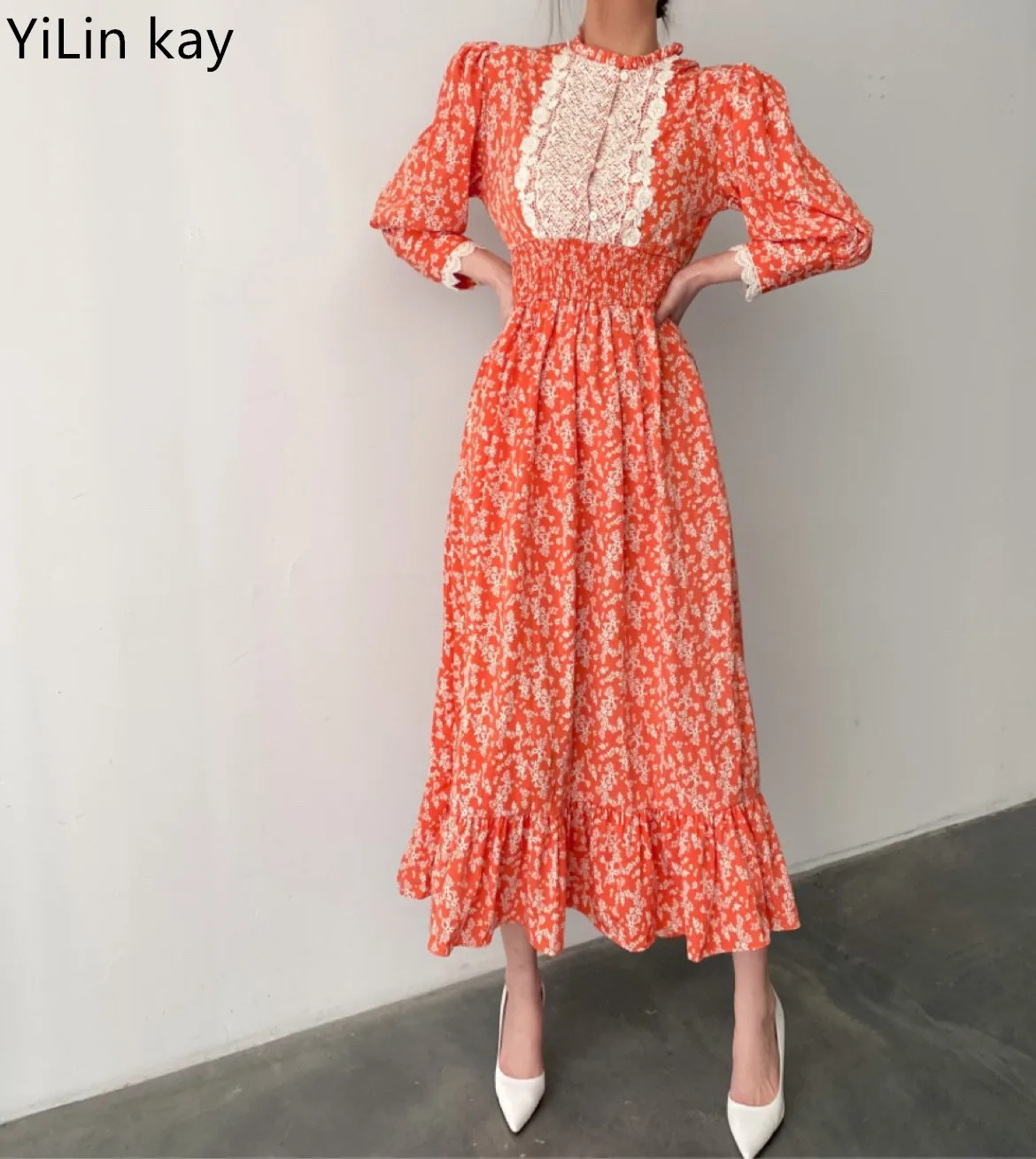 

Женское шифоновое платье в стиле пэчворк, длинное кружевное платье оранжевого цвета с эластичным поясом, весна 2022