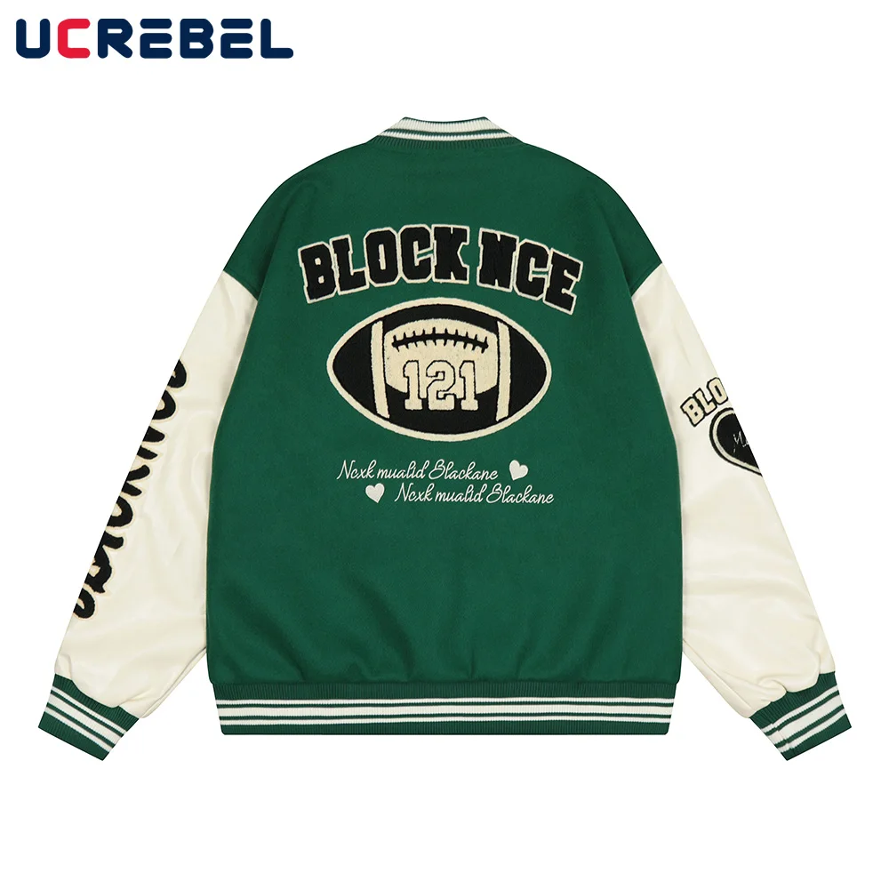 

Letter Towel Embroidery Varsity Jacket Mens PU Stitching Sleeve Jacket High Street Retro Autumn Winter Casual Baseball Uniform